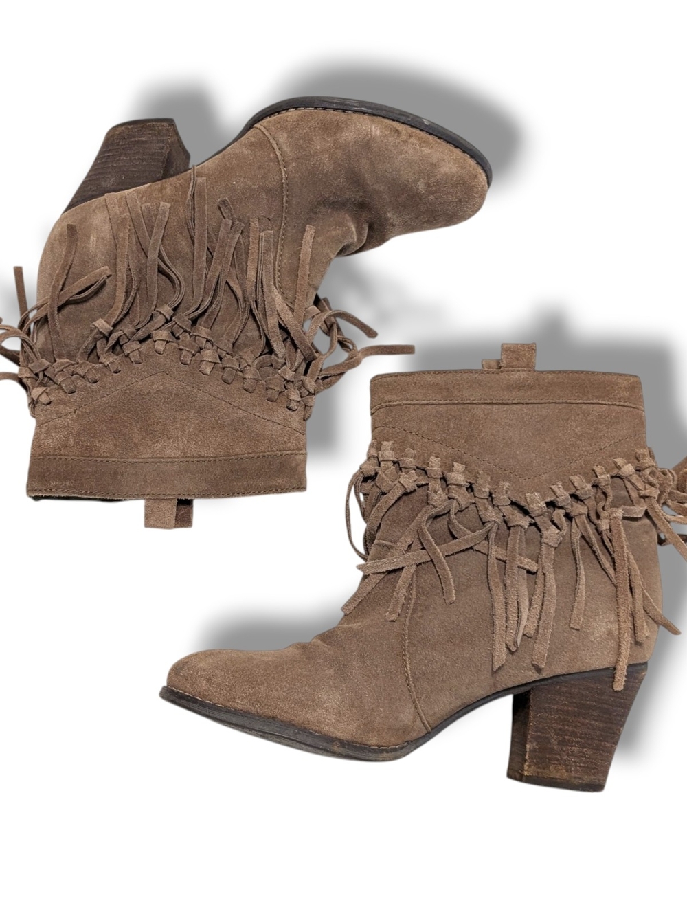 Sbicca Vintage Collections Brown Suede Leather Fringe Ankle Boots, Size 9